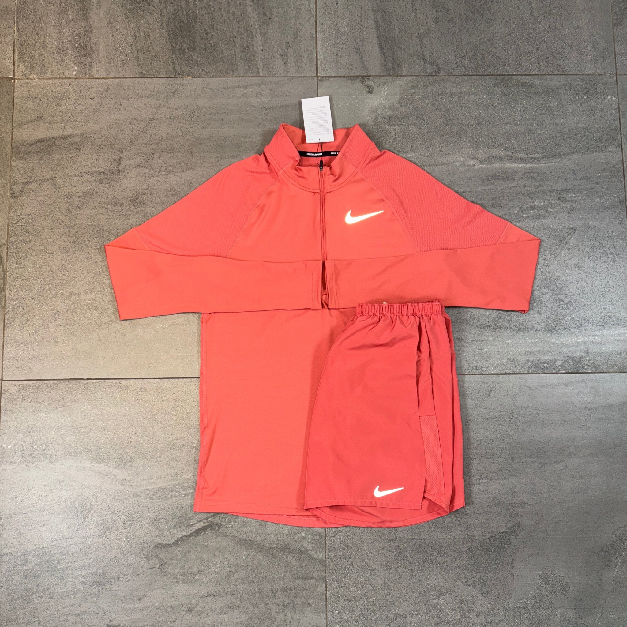 Nike 1/4 Running Top & Challenger Shorts Set 'Adobe'