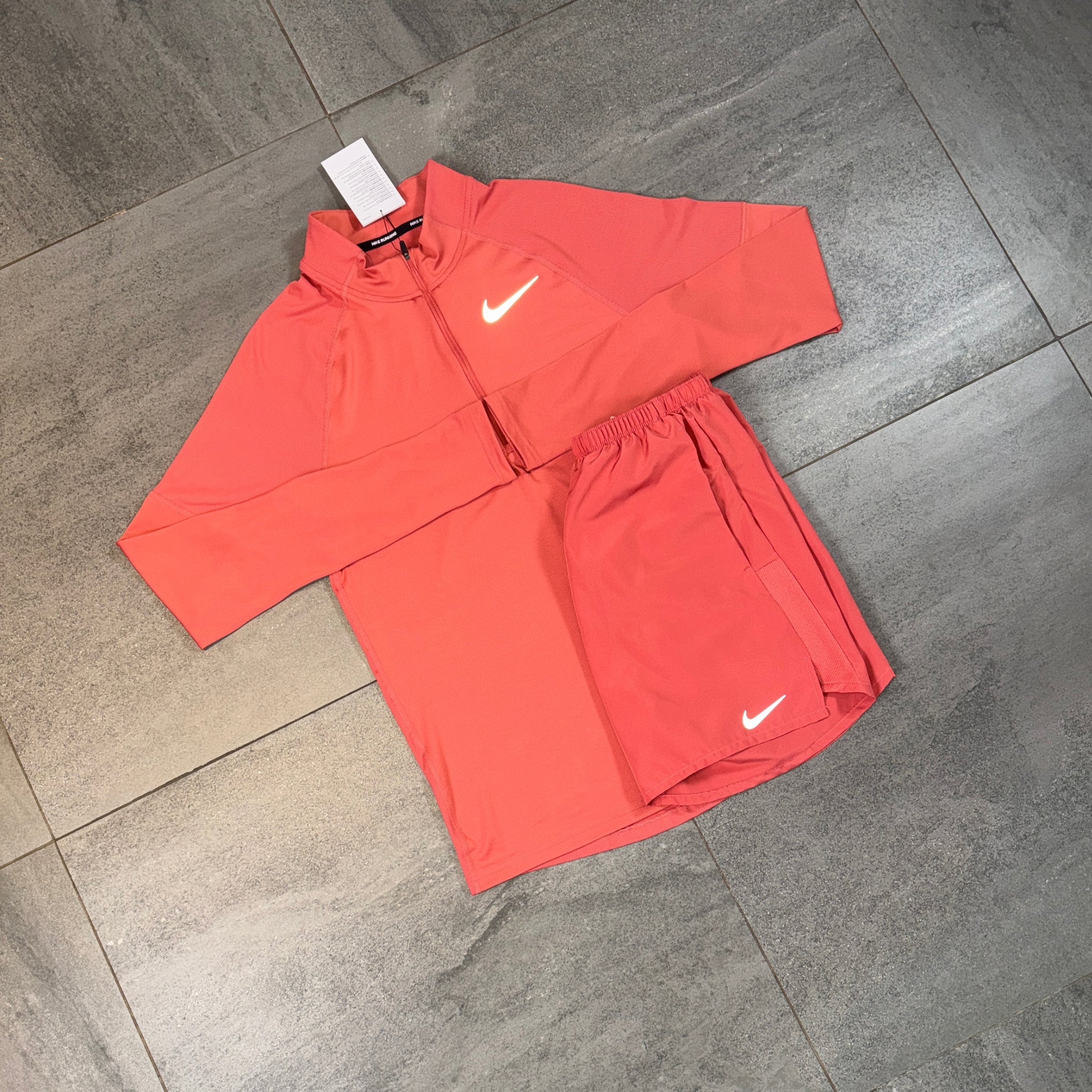 Nike 1/4 Running Top & Challenger Shorts Set 'Adobe'