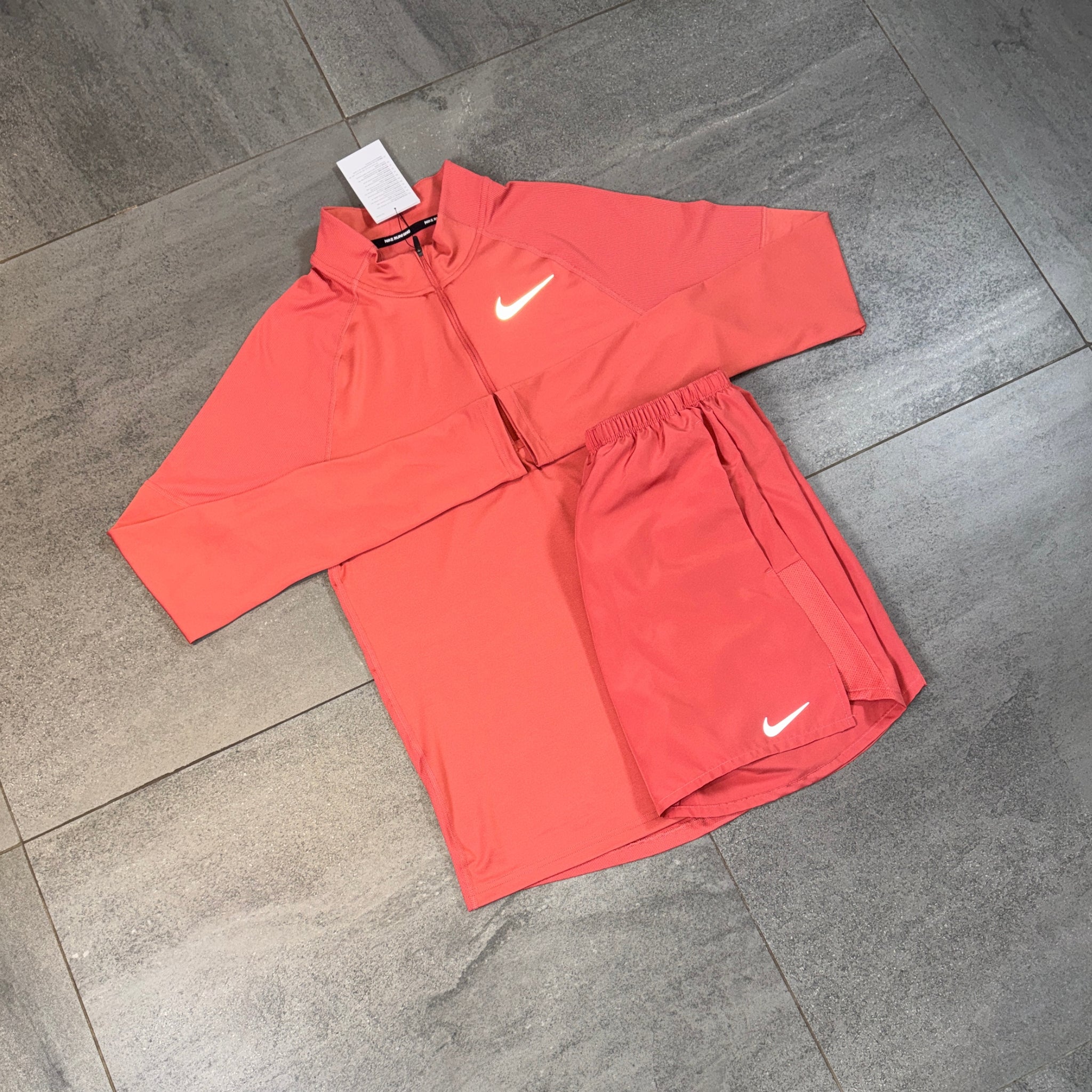 Nike 1/4 Running Top & Challenger Shorts Set 'Adobe'