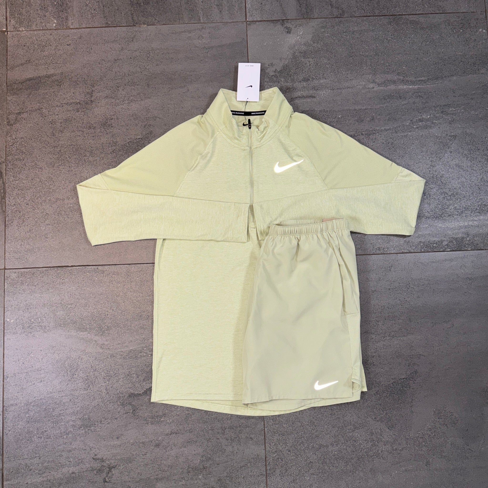 Nike 1/4 Running Top & Challenger Shorts Set 'Olive Aura'