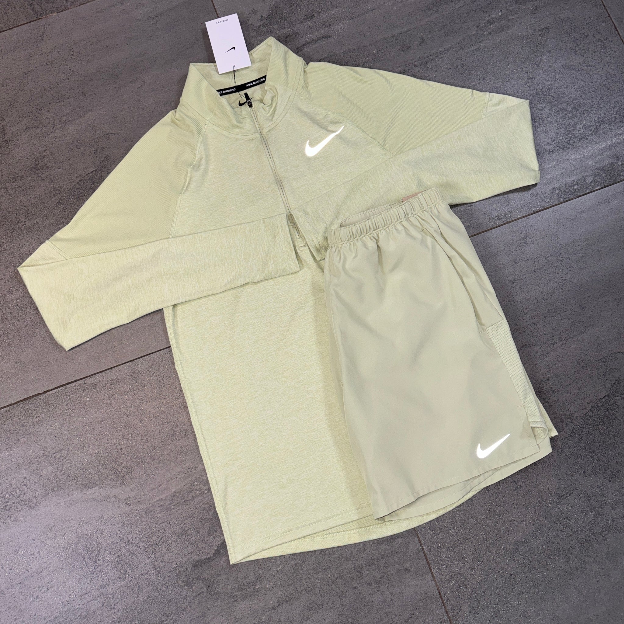 Nike 1/4 Running Top & Challenger Shorts Set 'Olive Aura'