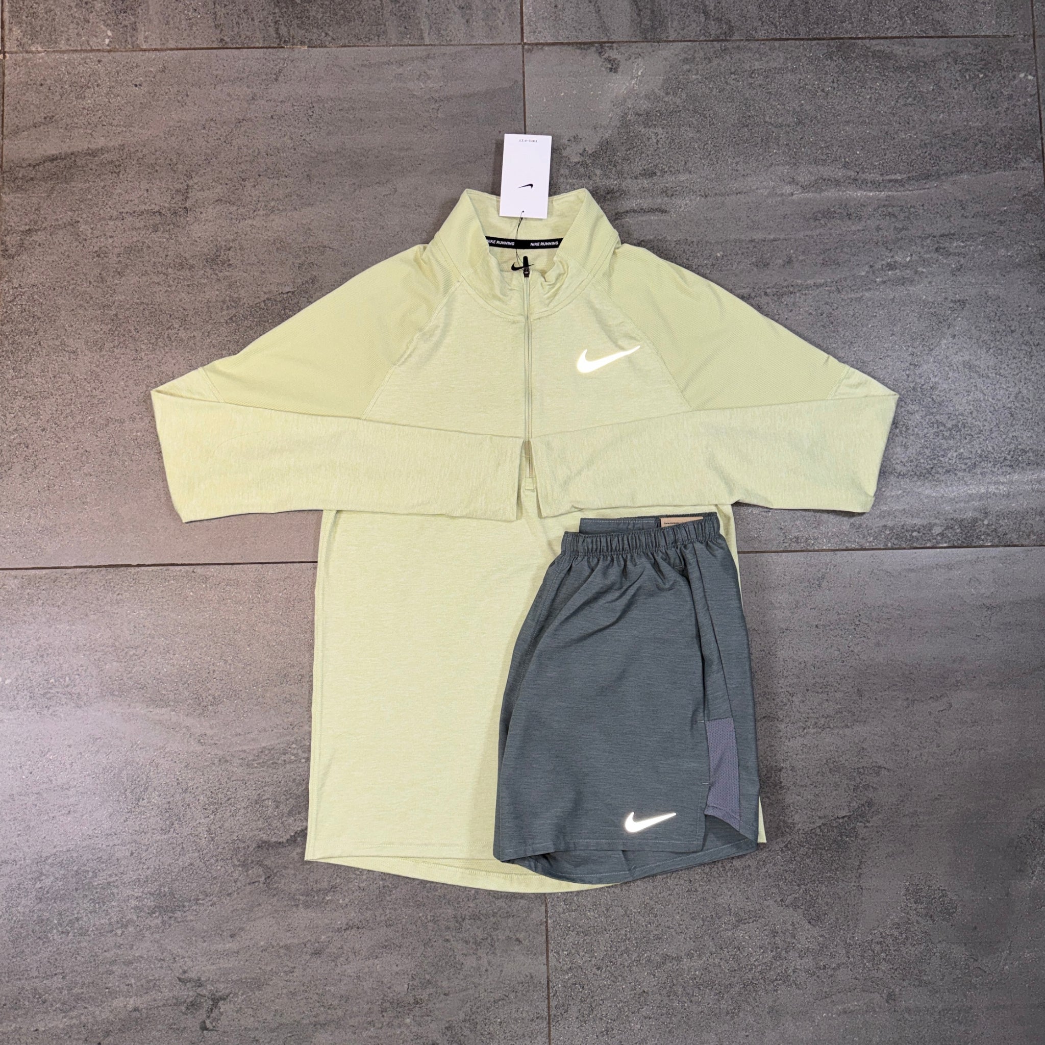 Nike 1/4 Running Top & Challenger Shorts Set 'Olive Aur/Grey'