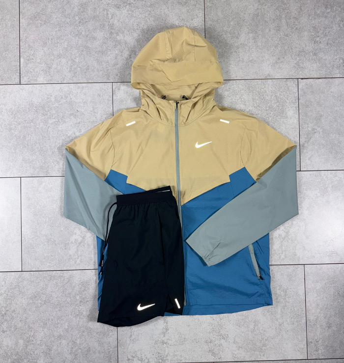Nike Beige Blue Windrunner Jacket Black Flex Stride Short Set