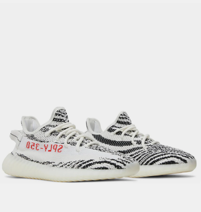 Pair of Adidas Yeezy Boost 350 V2 Zebra trainers