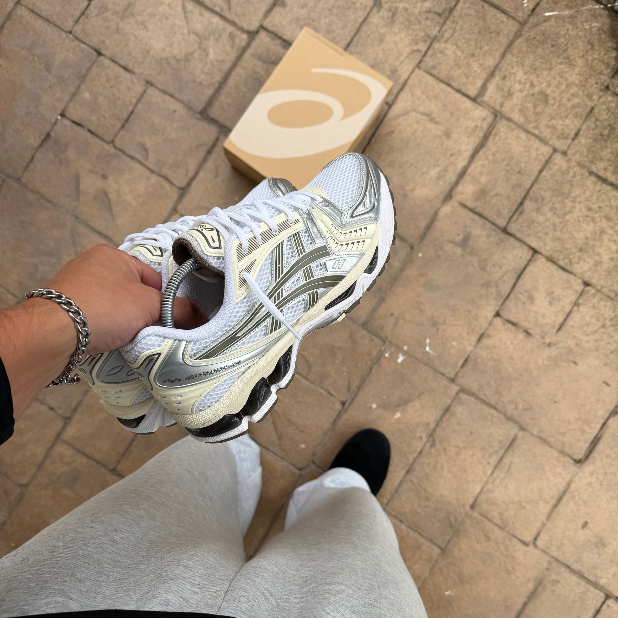 ASICS Gel-Kayano 14 White Ivory trainers on foot