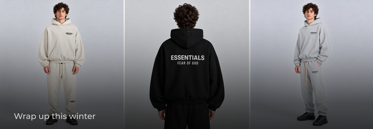 Fear of God Essentials black hoodie and sweatpants homepage banner