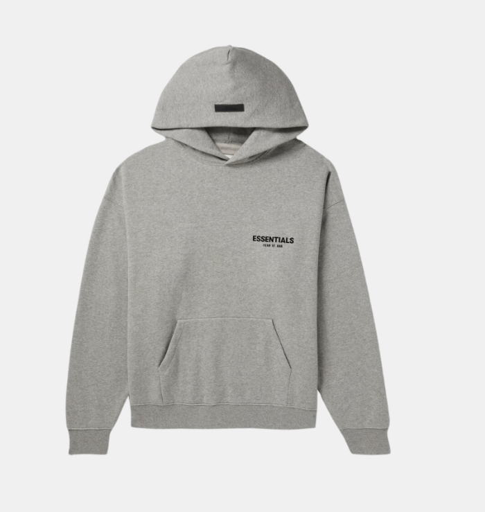 Fear of God Essentials Dark Heather Oatmeal Hoodie SS22 front view showing chest branding and oversized shape