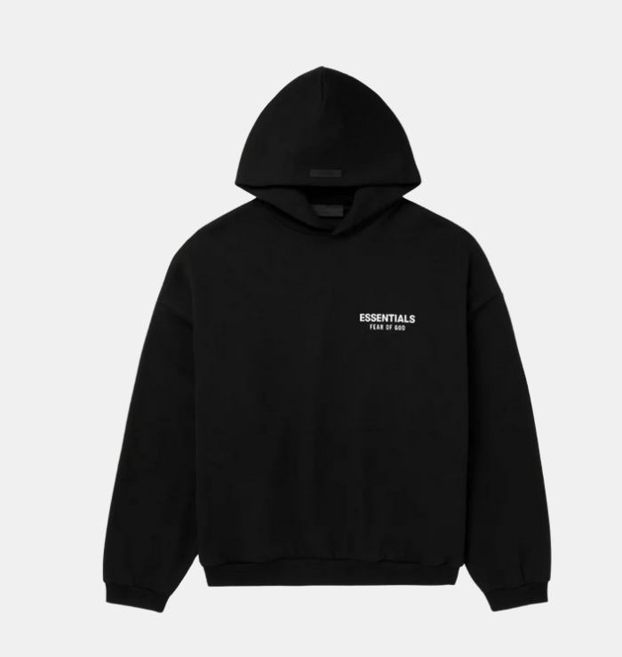 Fear of God Essentials Hoodie Black FW24 front view showing the oversized silhouette and chest branding