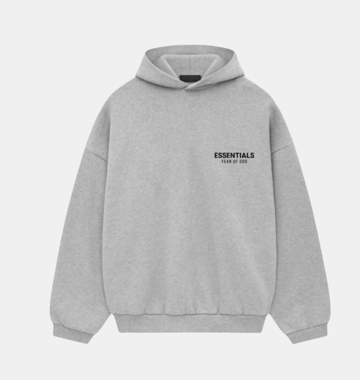 Fear of God Essentials Hoodie Light Heather Grey FW24 front view showing the oversized silhouette and chest branding