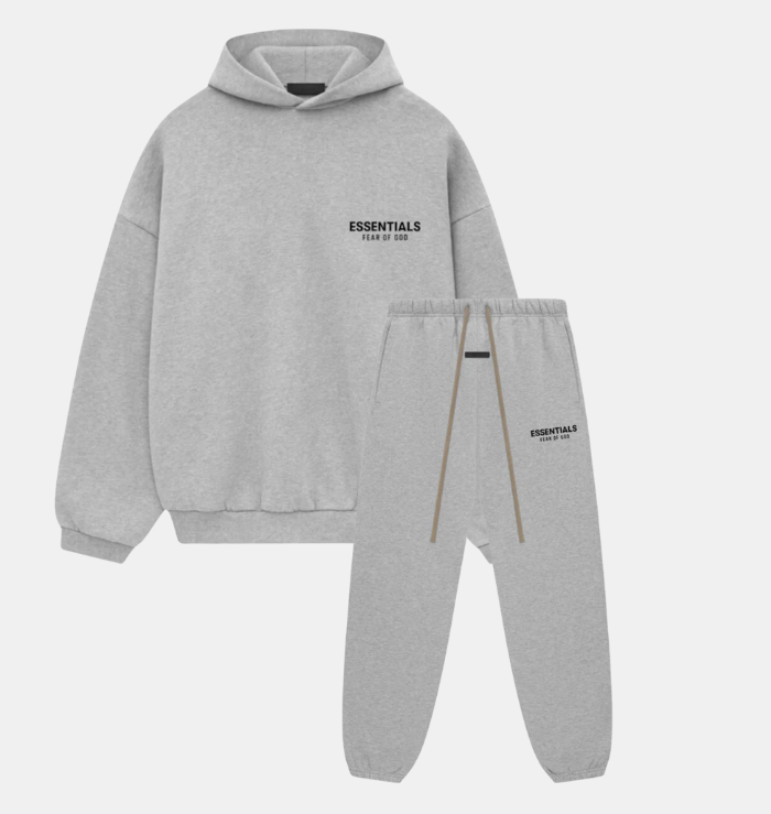 Fear of God Essentials Tracksuit Light Heather Grey FW24 with matching hoodie and sweatpants