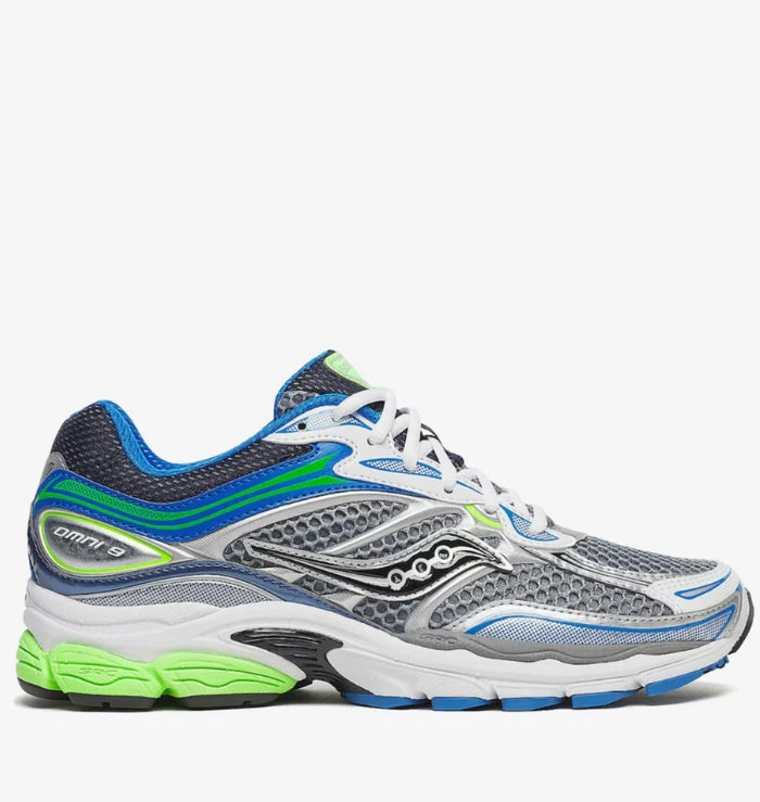 Side profile of Saucony ProGrid Omni 9 Grey Slime Blue trainer