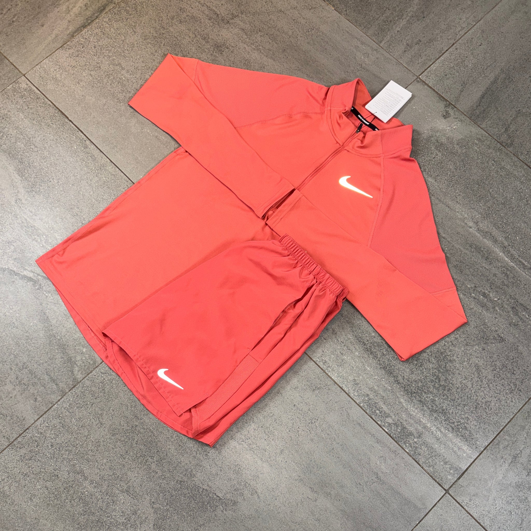 Nike 1/4 Running Top & Challenger Shorts Set 'Adobe'