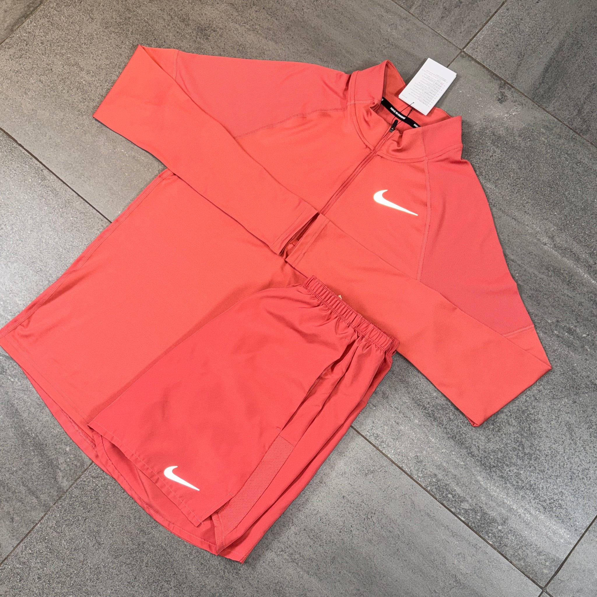 Nike 1/4 Running Top & Challenger Shorts Set 'Adobe'