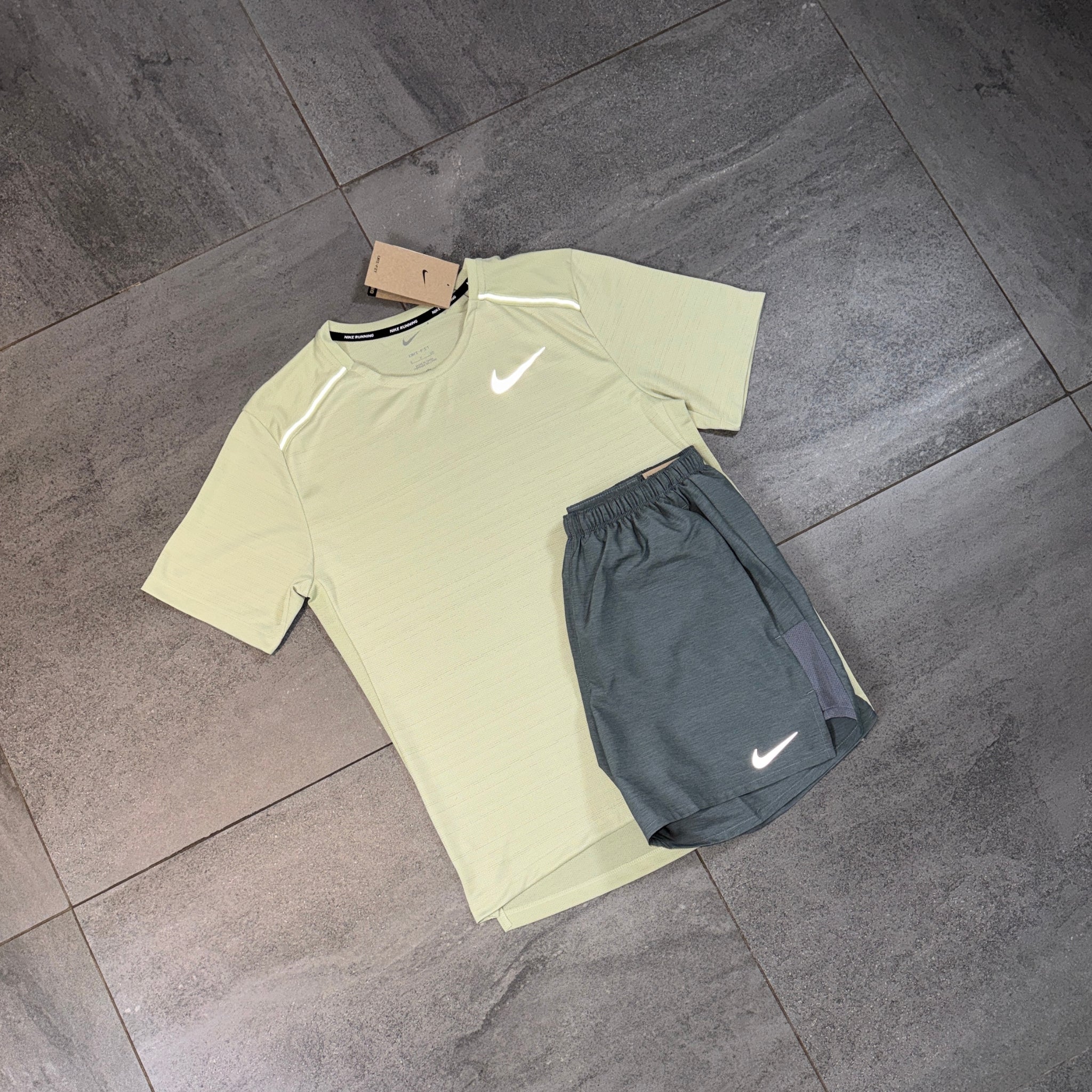 Nike Miler & Challenger Shorts Set 'Olive Aura/Grey'