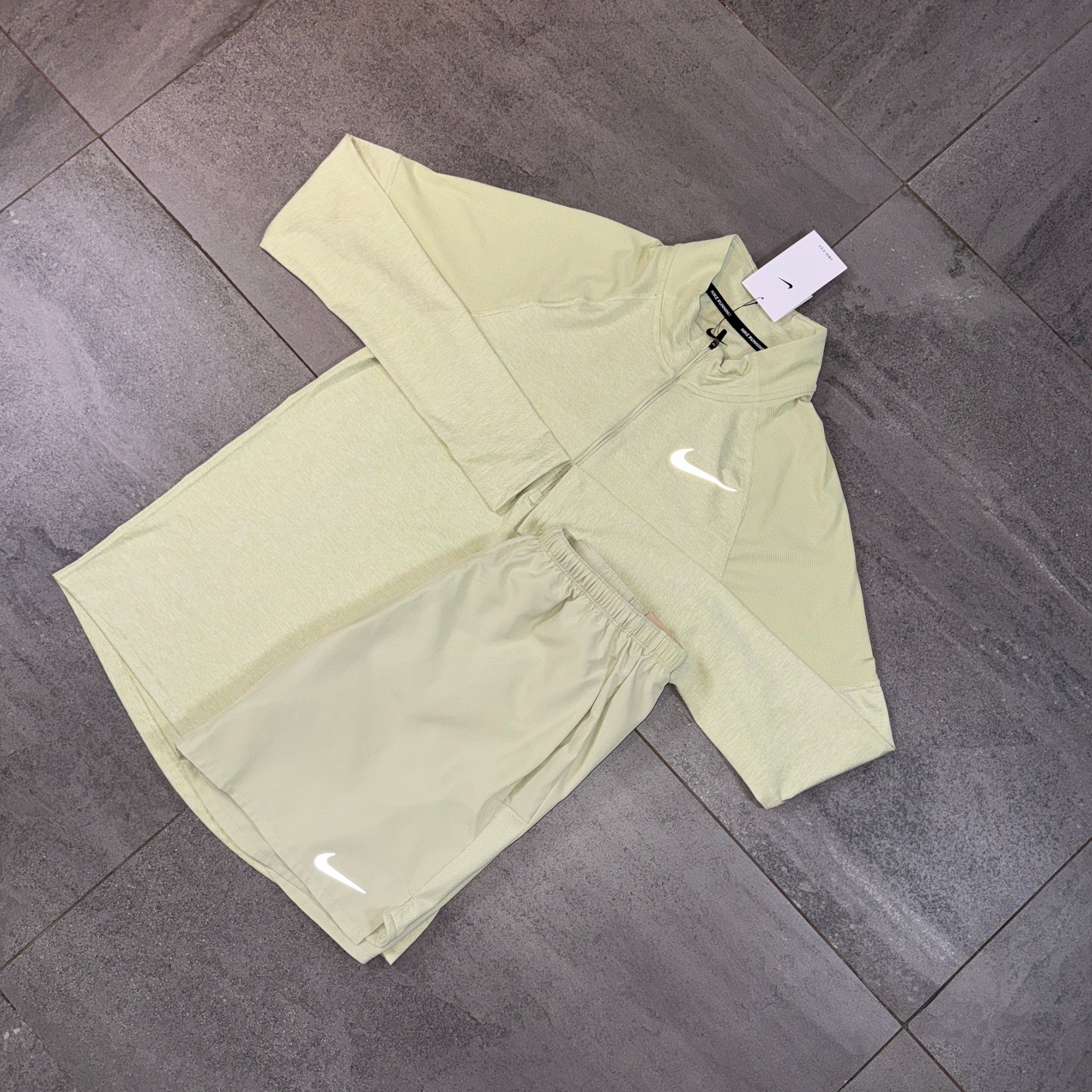 Nike 1/4 Running Top & Challenger Shorts Set 'Olive Aura'