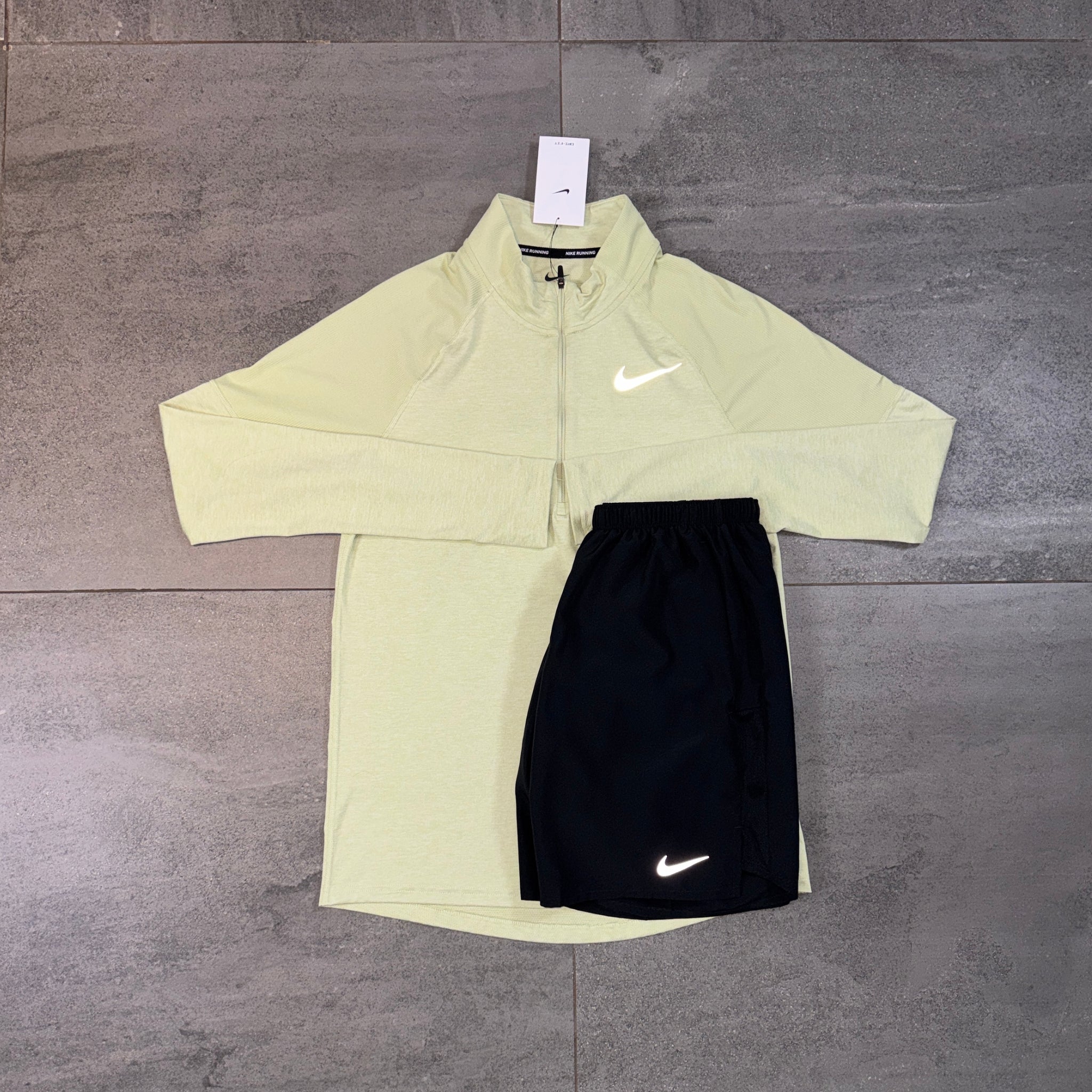 Nike 1/4 Running Top & Challenger Shorts Set 'Olive Aura/Black'