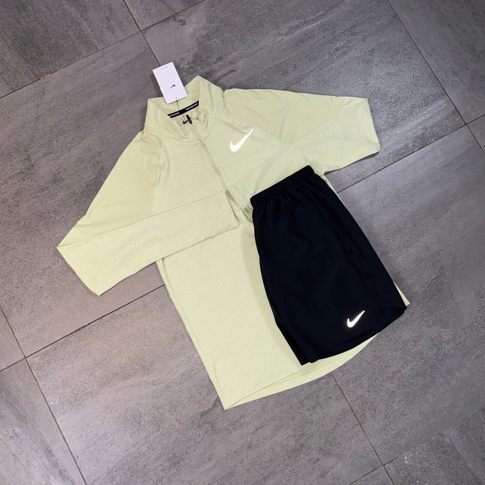 Nike 1/4 Running Top & Challenger Shorts Set 'Olive Aura/Black'