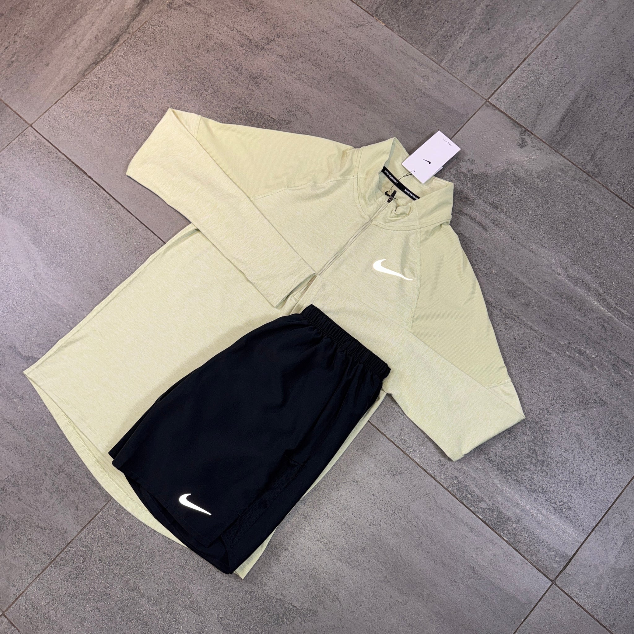Nike 1/4 Running Top & Challenger Shorts Set 'Olive Aura/Black'