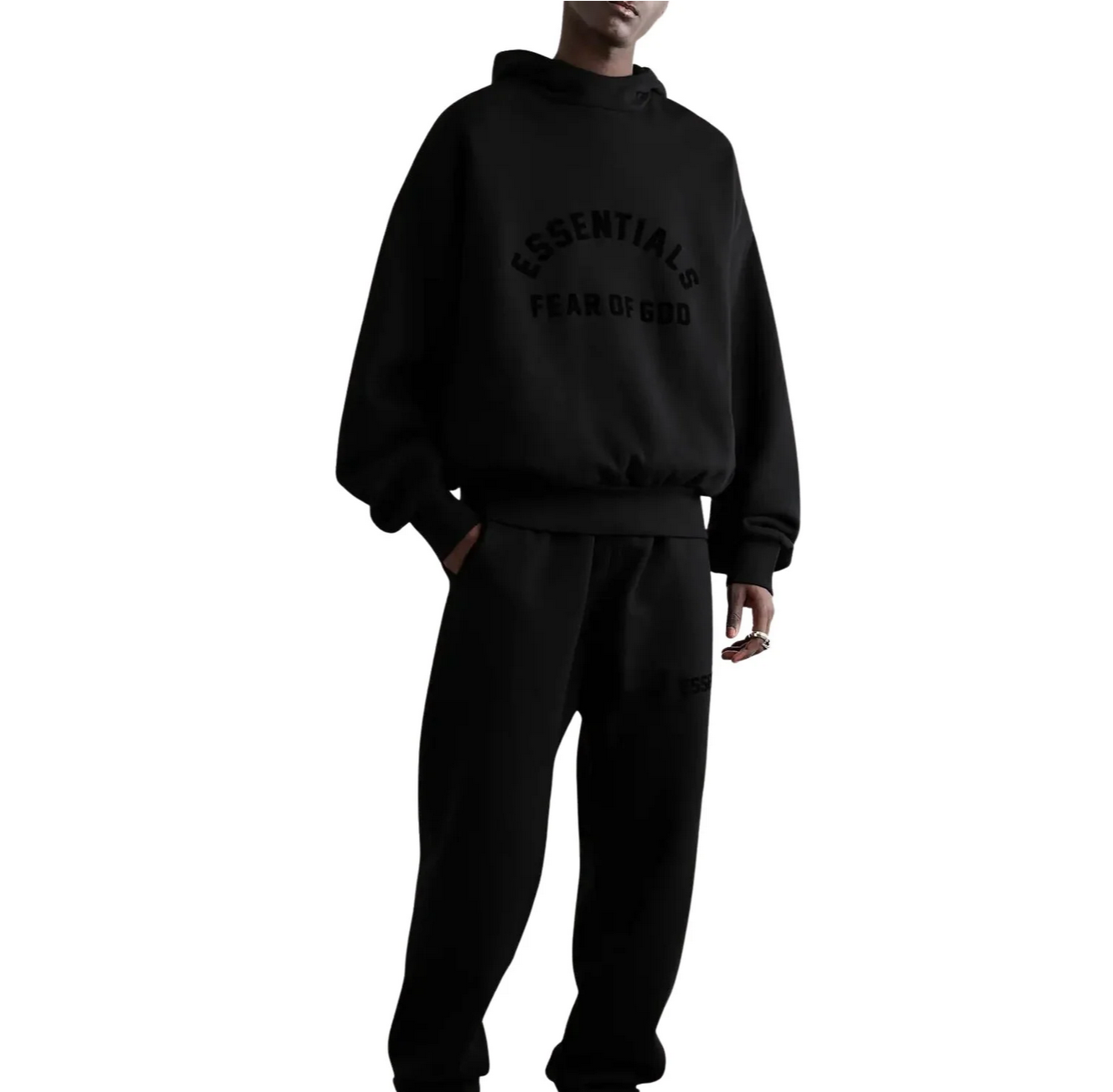 Fear of God Essentials Hoodie 'Jet Black' (Essential Collection) (tracksuit front view)