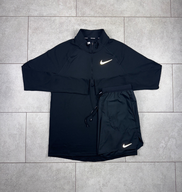 Nike 1/4 Black Running Top & Black Shorts Set