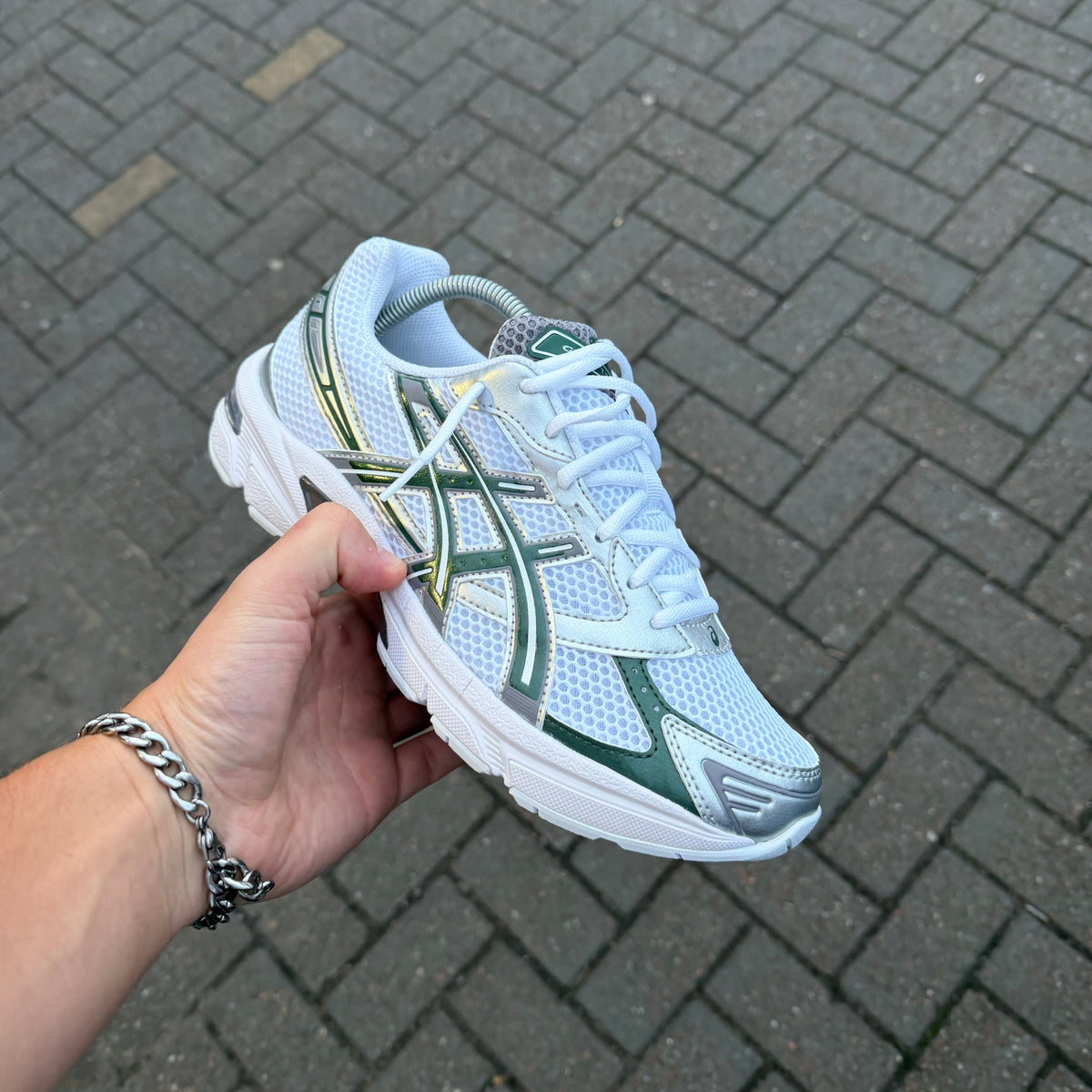 ASICS Gel-1130 White Forest Night trainer showing side detailing