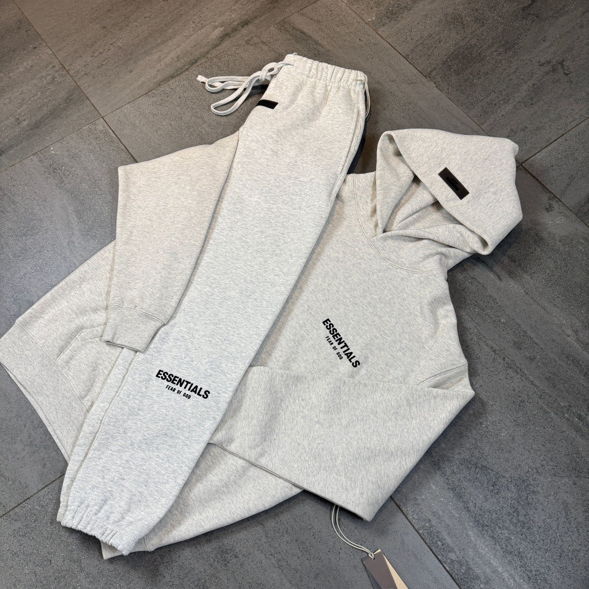 Fear of God Essentials Light Heather Oatmeal hoodie and sweatpants product detail