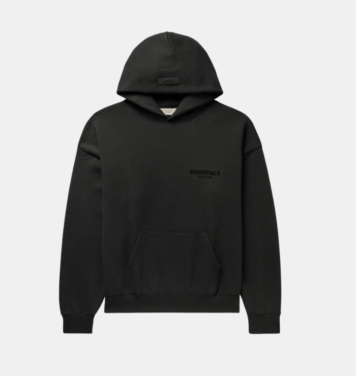 Fear of God Essentials Hoodie Black SS22 front view showing the oversized silhouette and subtle chest branding