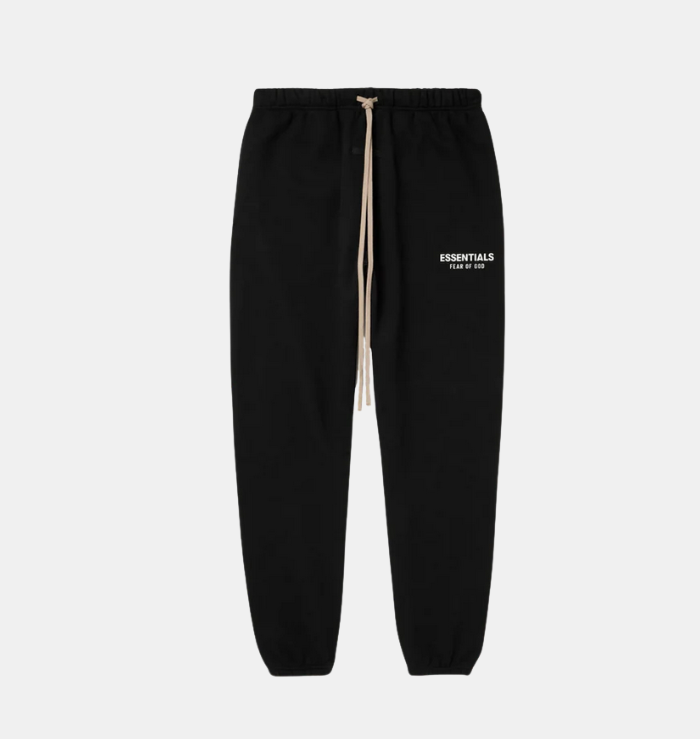 Fear of God Essentials Sweatpants Black FW24 front view showing the relaxed fit and Essentials branding