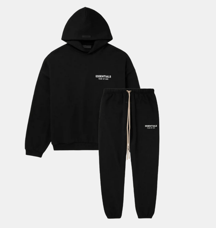 Fear of God Essentials Tracksuit Black FW24 featuring the matching black hoodie and sweatpants