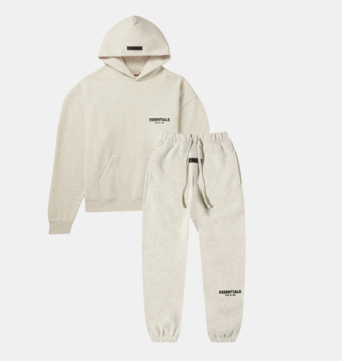 Fear of God Essentials Tracksuit Light Heather Oatmeal SS22 hoodie and sweatpants