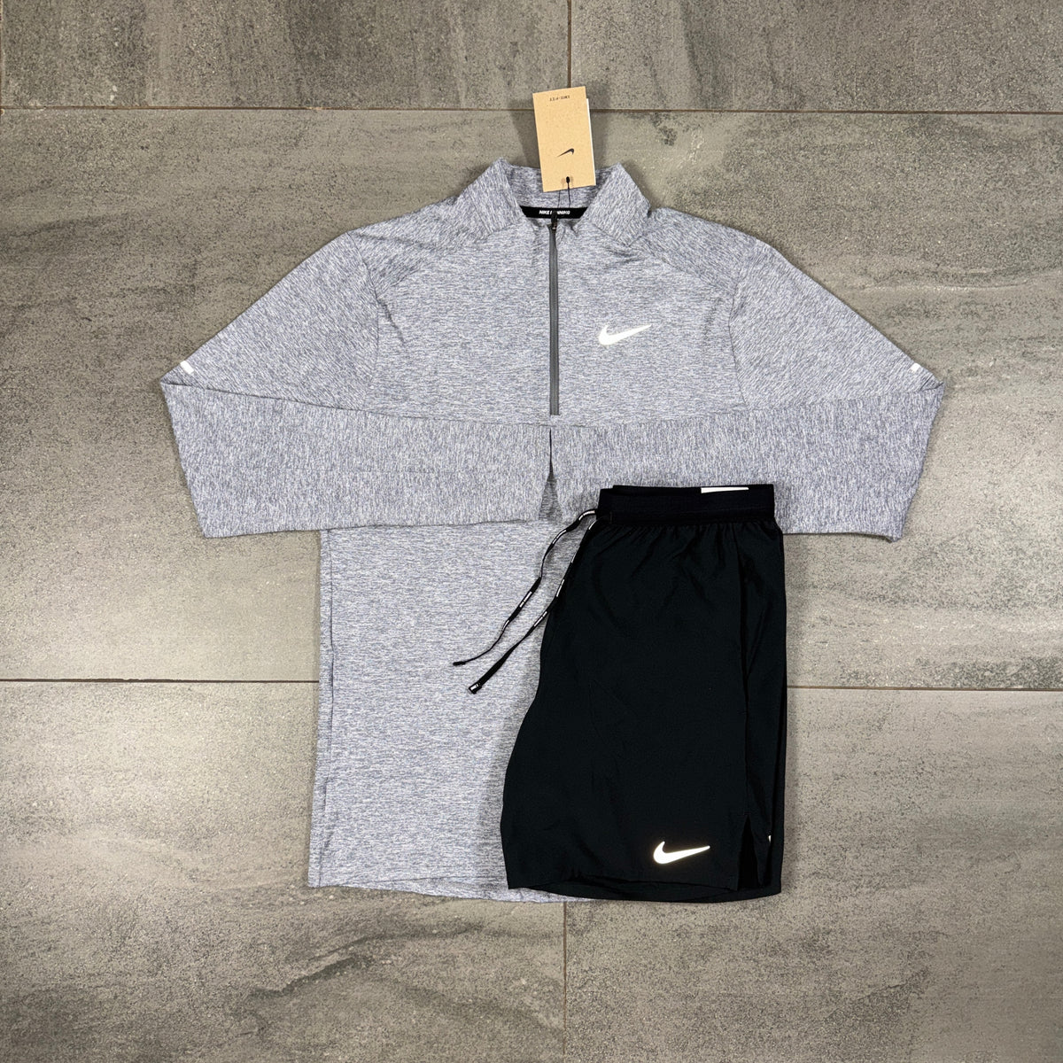 Nike Element Grey and Black Flex Running Set flat lay