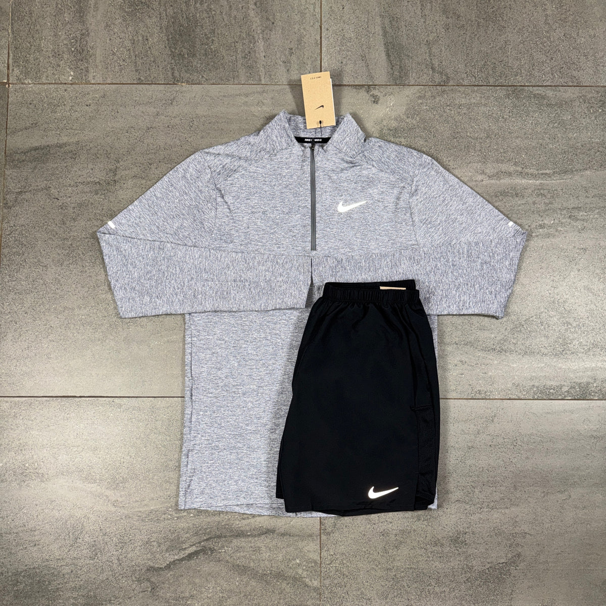 Nike Element Grey Running Top and Black Challenger Shorts Set