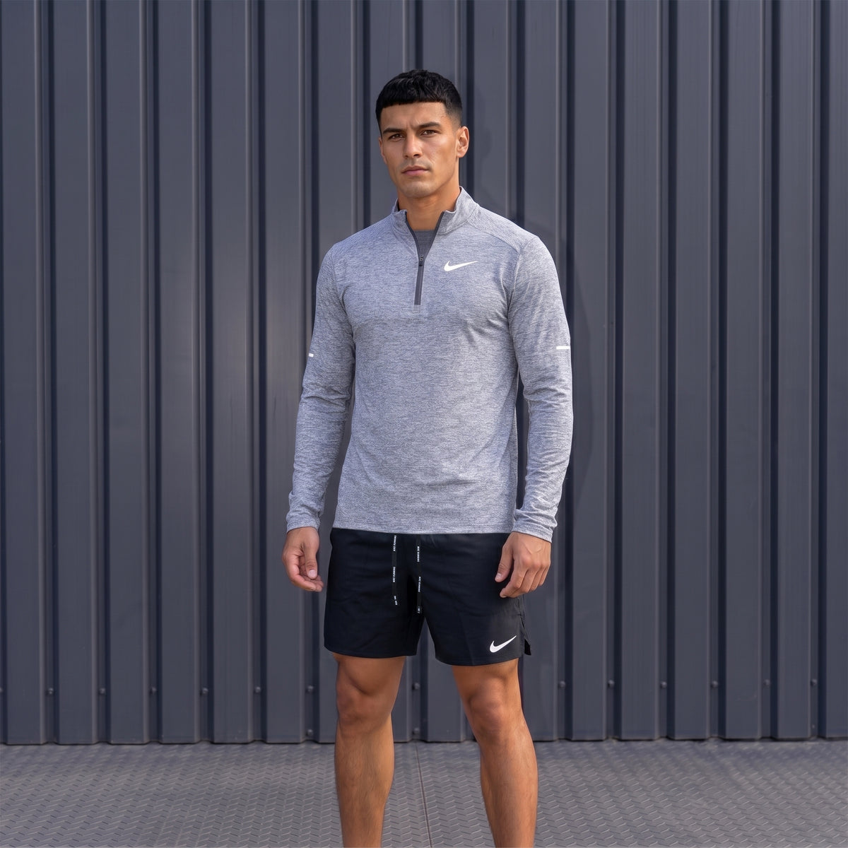 Nike Element Grey Quarter Zip and Black Flex Shorts model view