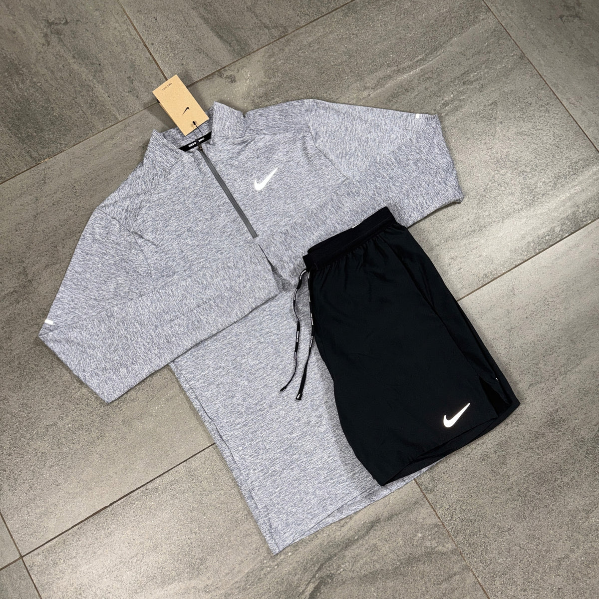 Nike Grey Quarter Zip Running Top with Black Flex Shorts