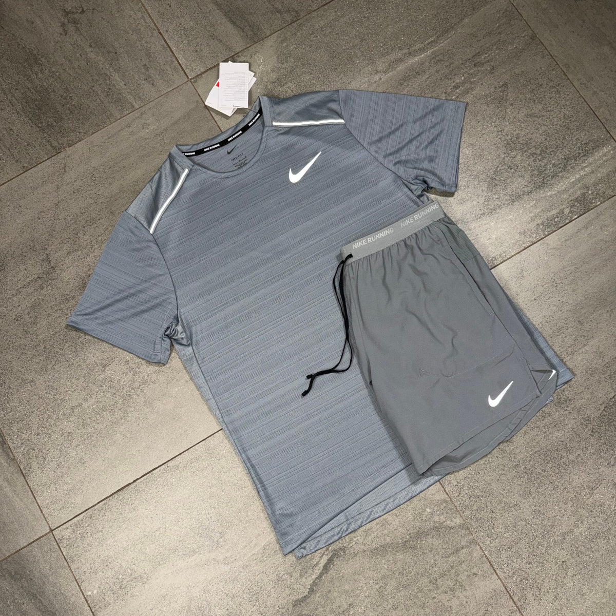Nike Miler Cool Grey T-Shirt with Grey Flex Stride Shorts flat lay
