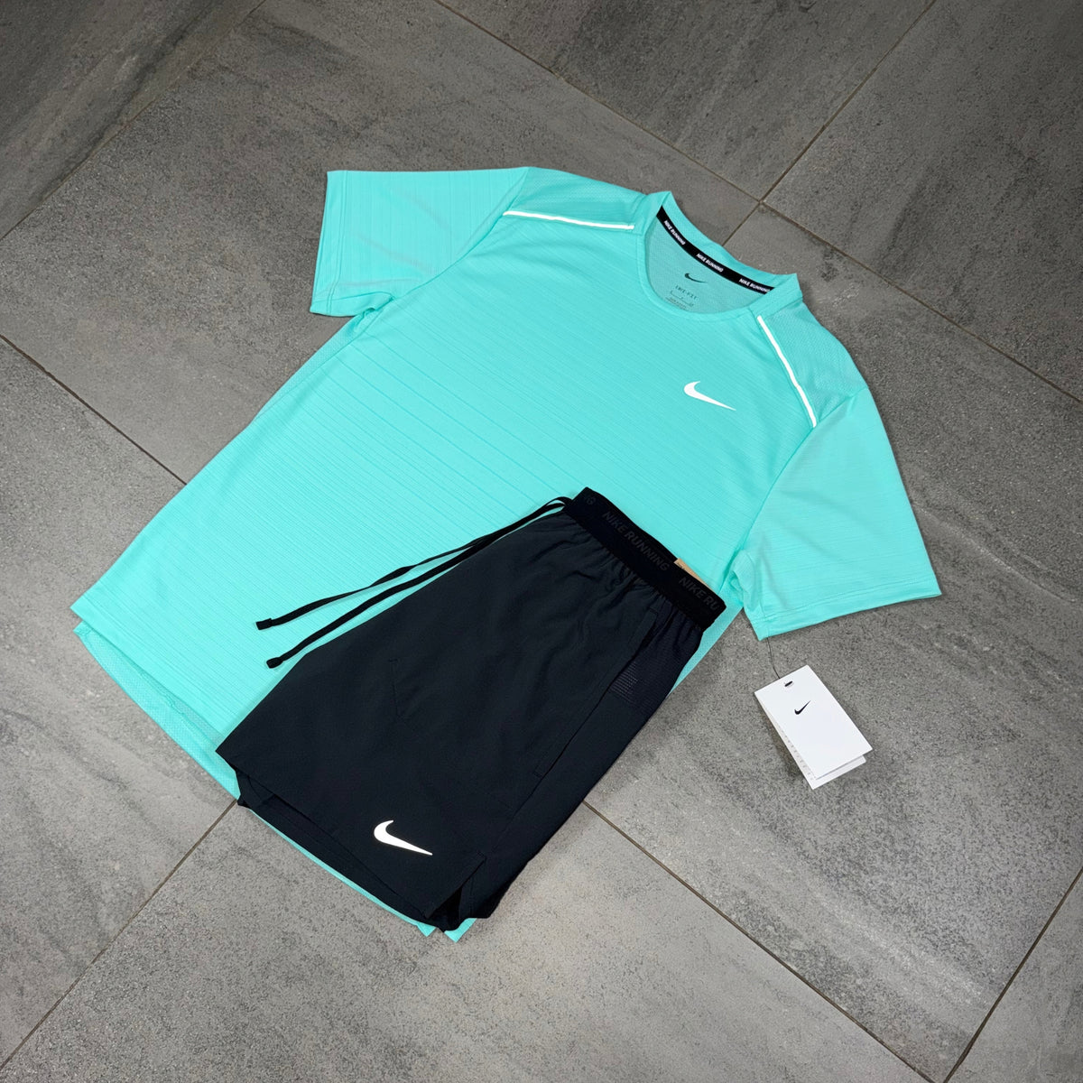 Nike Miler and Flex Stride men's running set featuring a Hyper Turquoise top and black shorts