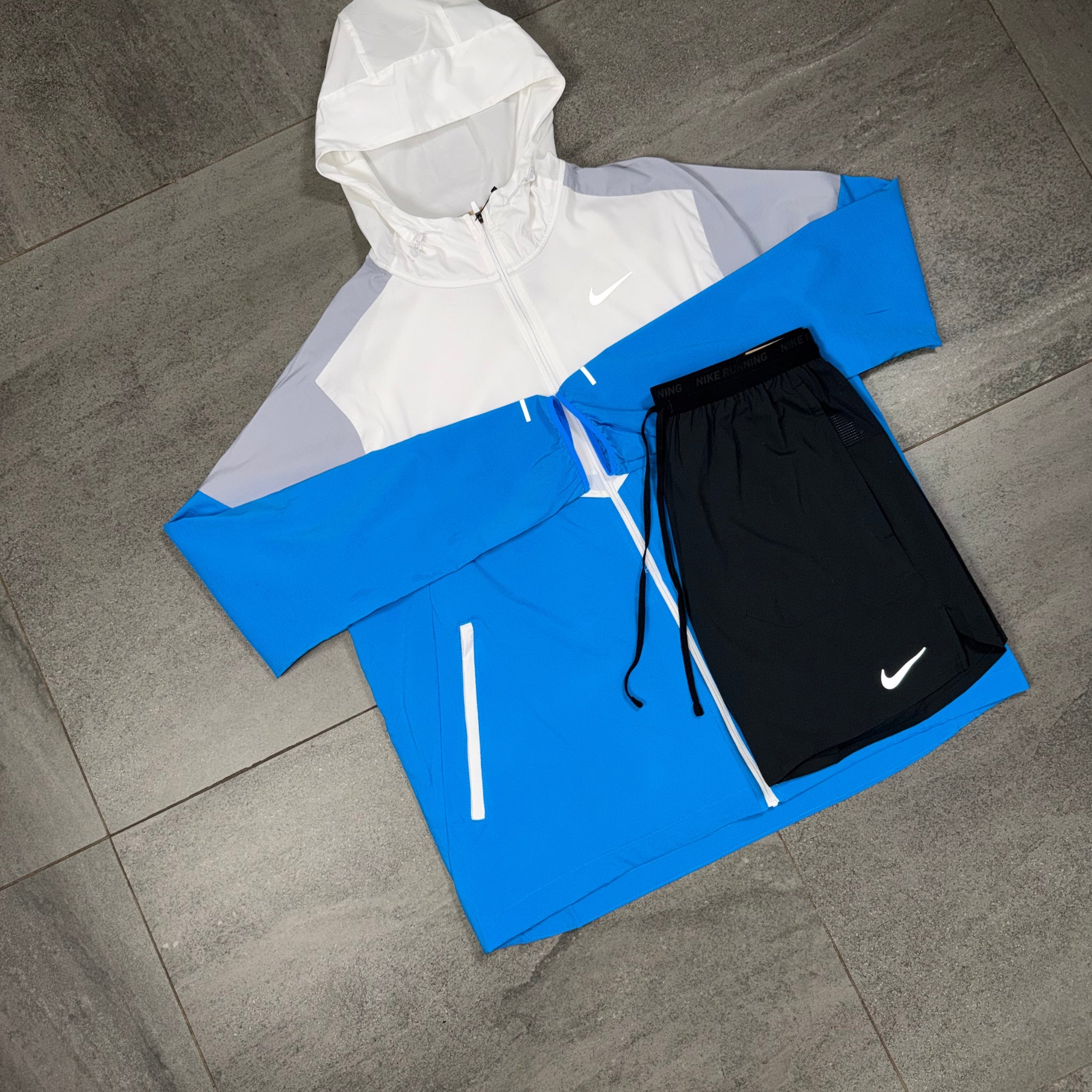 Nike White Wolf Grey Windrunner and black shorts outfit