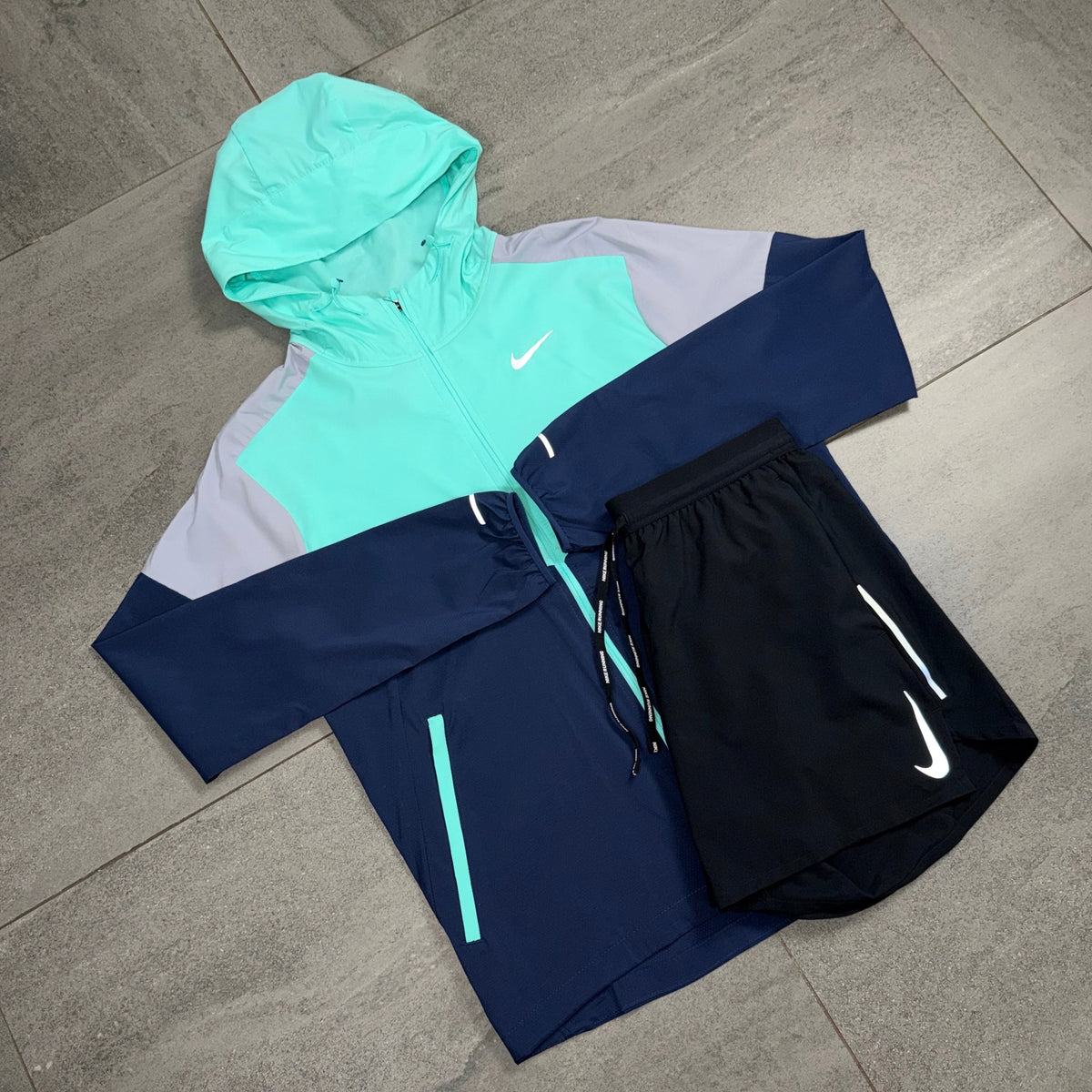 Nike Windrunner Hyper Turquoise and Black OG Flex Shorts outfit