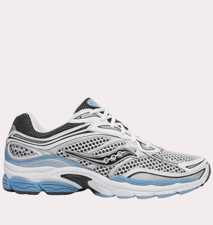Clean studio view of Saucony ProGrid Omni 9 Blissful Blue showing the complete silver white and blue silhouette