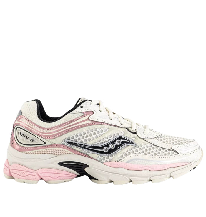Saucony ProGrid Omni 9 Eggshell cream and pink trainers