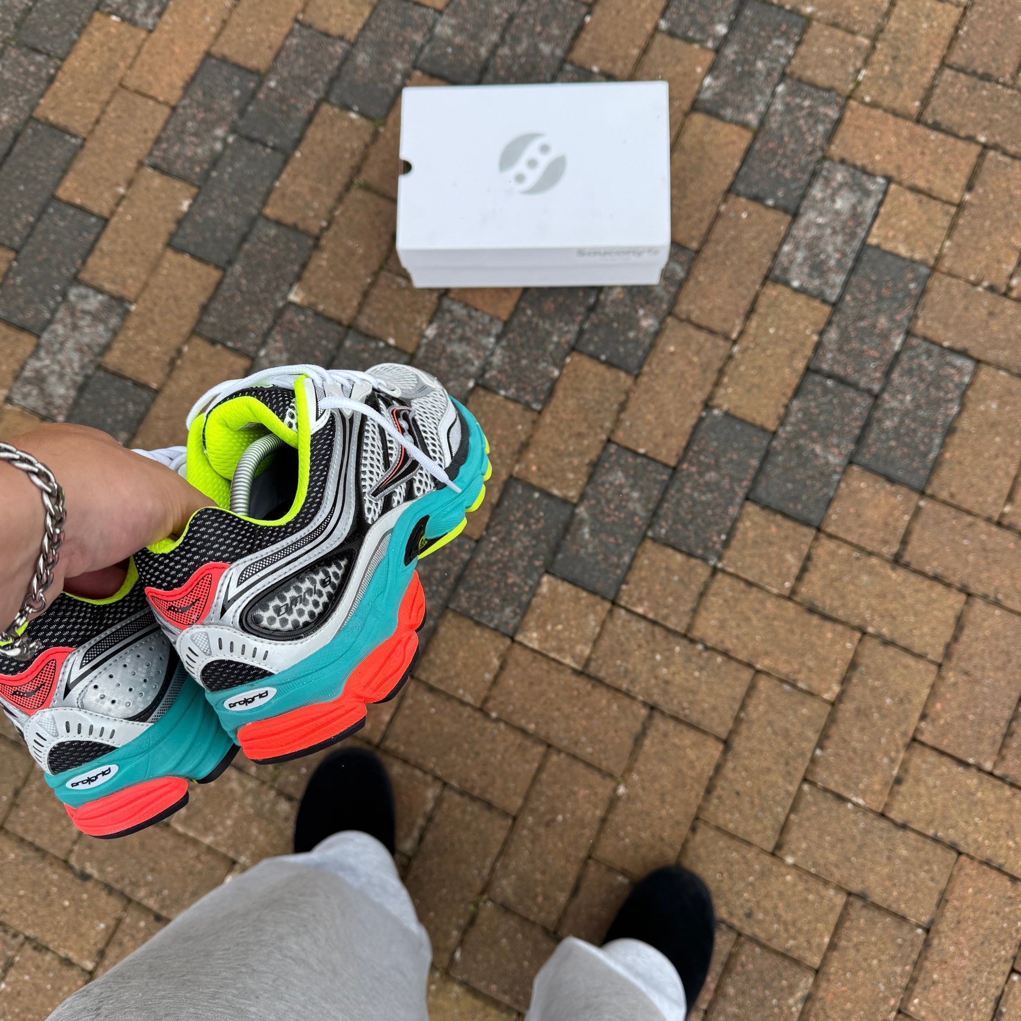 Rear and side view of Saucony ProGrid Omni 9 Silver Mutant trainers